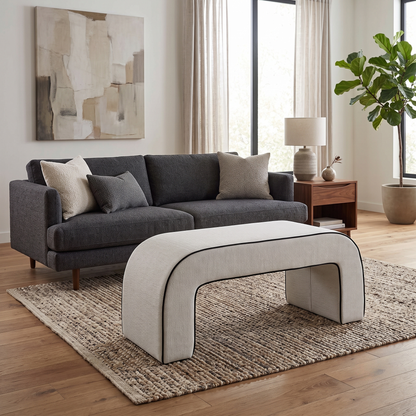 ‘Demure' Natural Demure Textured and Velvet Fabric Banquette Footstool