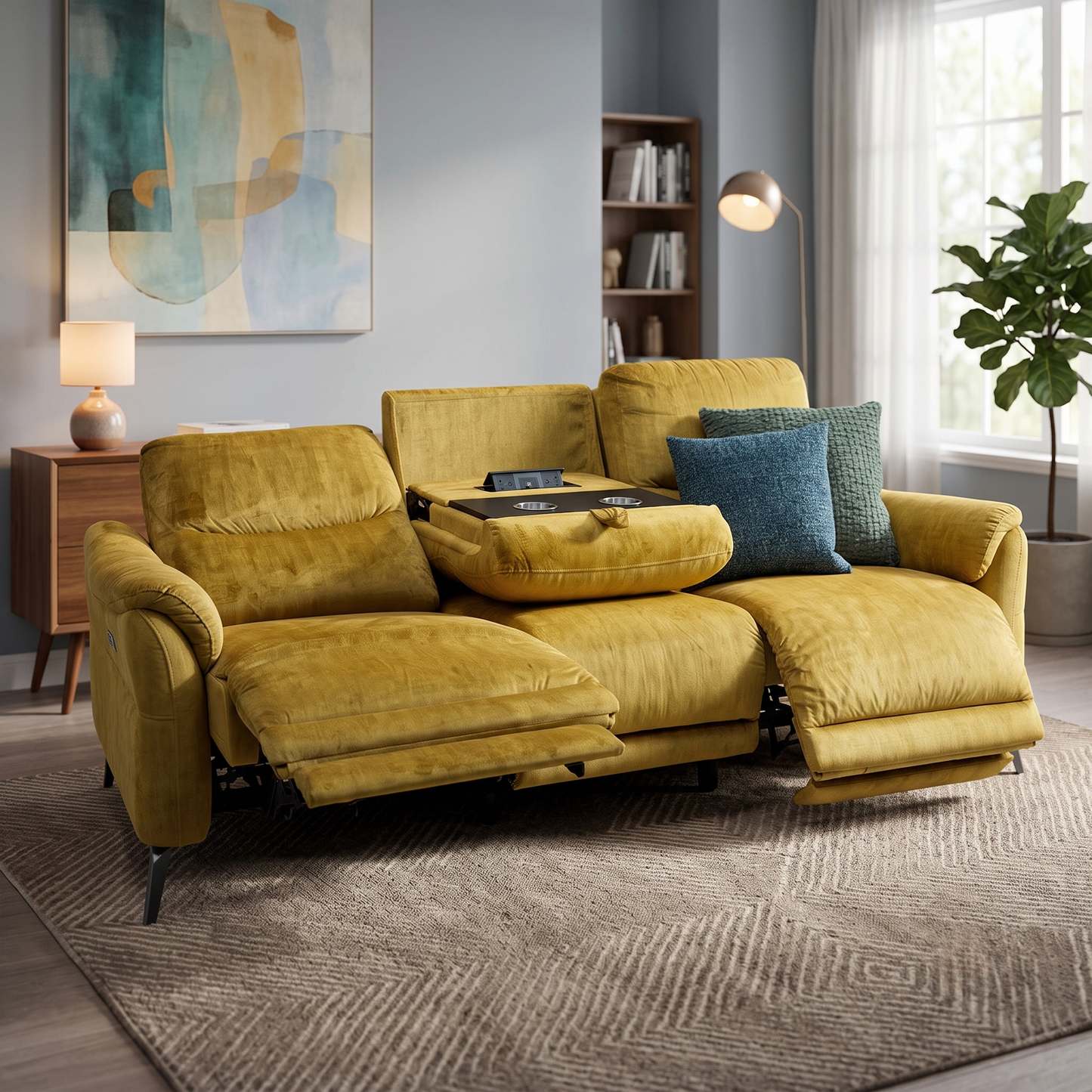 ‘Daytona’ 52002 Heritage Saffron Yellow Velvet Fabric 3 Seater Power Recliner Sofa with Drinks Holder and Built-in Bluetooth Speaker