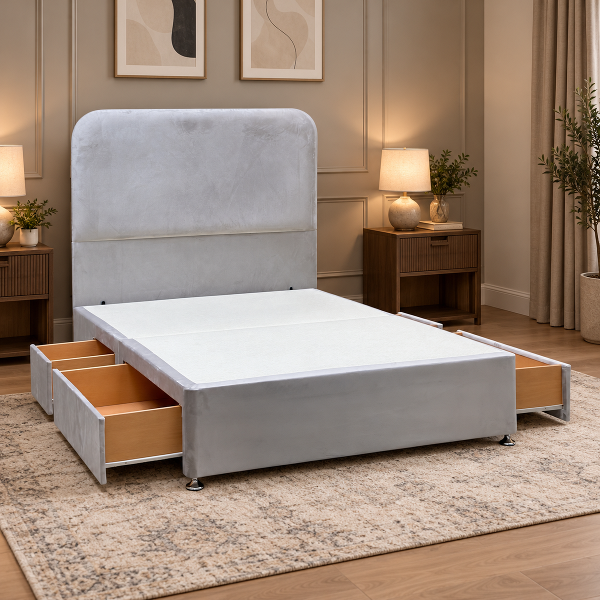 Hamilton argent grey velvet double divan base and headboard in a bedroom with two drawers pulled open