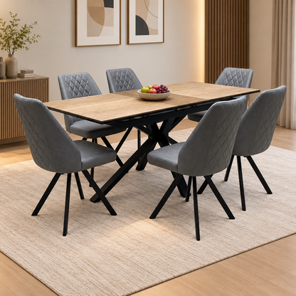 'Jupiter' Dark Oak 160cm Pop Up Extending Dining Table +  Grey Faux Leather Swivel Chairs Set of 6