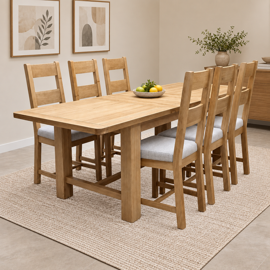 Furnitureland Augusta Solid Oak Large 220cm Rectangular Extending Dining Table with Clay Grey Upholstery Fabric Wooden Ladderback Set of 6 Dining Chairs – view 2
