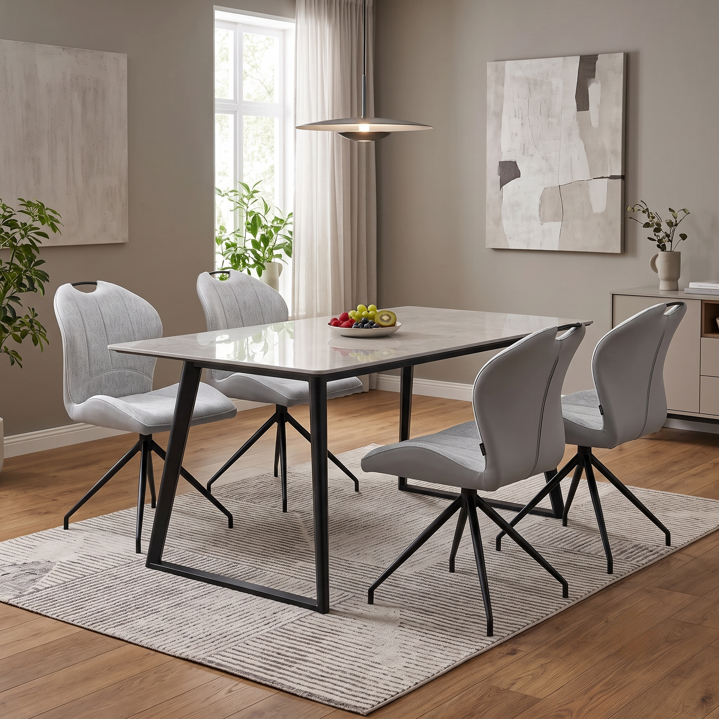 ‘Raul’ Stone Grey Fabric Set of 4 Swivel Dining Chairs