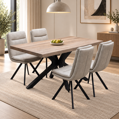 Bodahl 'Njord' 8 Vintage Grey Solid Oak Straight Edge 160cm Metal Star Base Dining Table with Sand Beige Fabric Set of 4 Swivel Dining Chairs