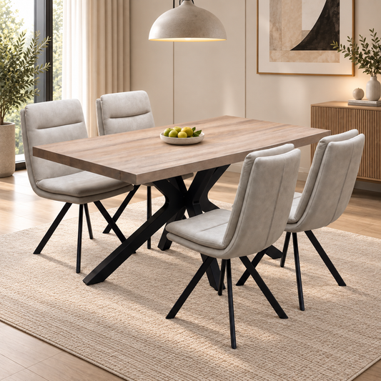 Bodahl Njord 8 Vintage Grey Solid Oak Straight Edge 160cm Metal Star Base Dining Table with Sand Beige Fabric Set – view 2