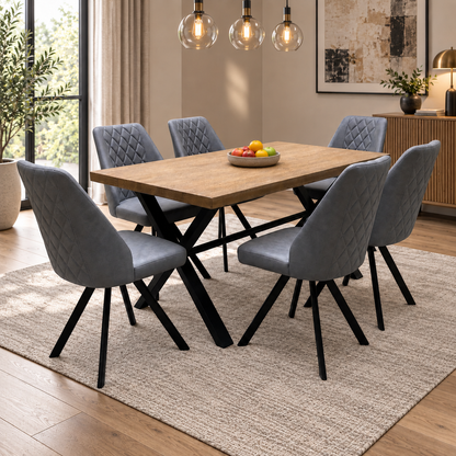'Jupiter' Dark Oak Solid Oak Dining Table with X Shaped Legs 150 cm + Grey Faux Leather Swivel Chairs Set of 6