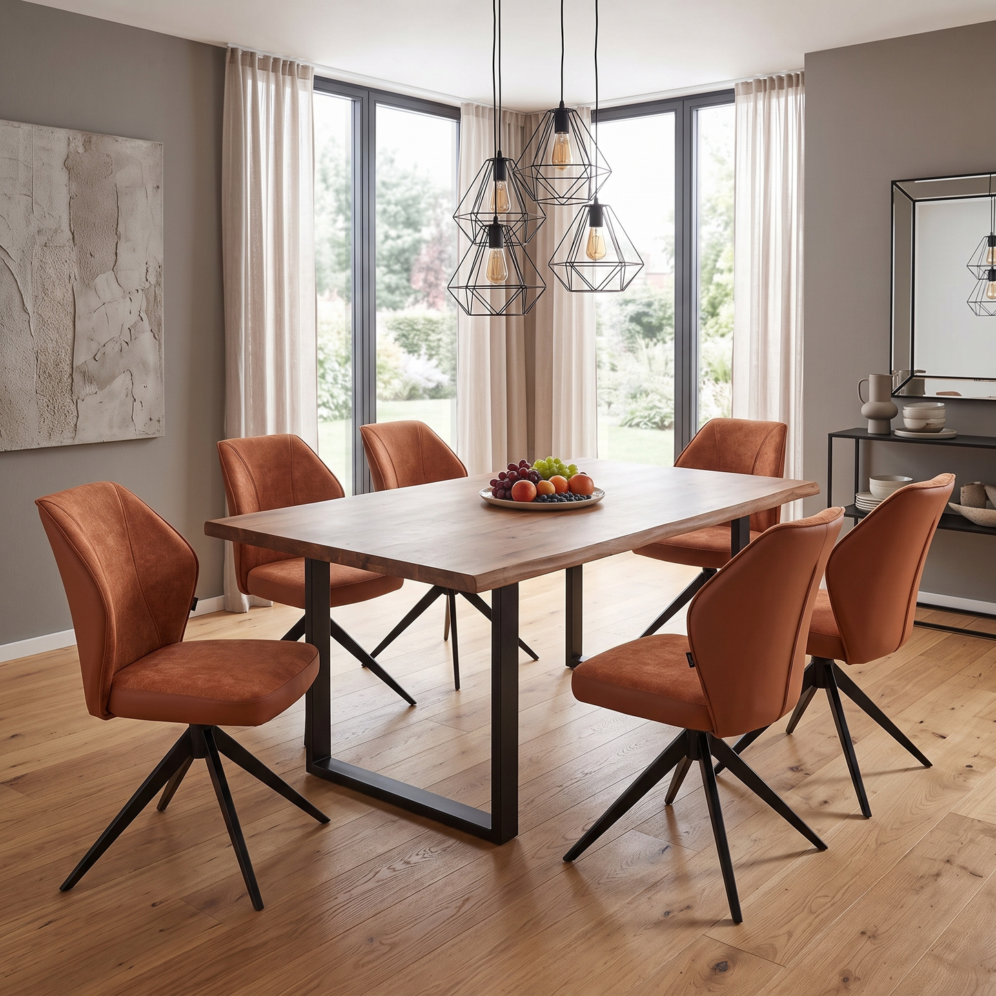‘Julio’ Te2 Terracotta Orange Fabric Set of 6 Swivel Dining Chairs