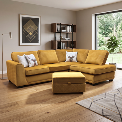 ‘Orka’ Mustard Yellow Sensual Velvet Left Hand Facing Arm Open End Deluxe Corner Sofa Bed + Large Storage Footstool