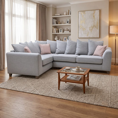 ‘Lorella’ Silver Lorella Woven Fabric Pillow Back Right Hand Facing Corner Sofa