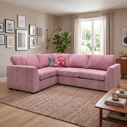 ‘Heydon’ Blush Pink Marley Jumbo Cord Fabric Right Hand Facing Arm Open End Deluxe Corner Sofa Bed