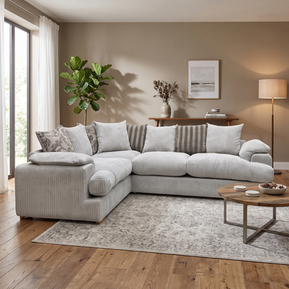 ‘Celine’ Mink and Mocha Celine Cord Fabric Right Arm Facing 2 Seater Pillow Back Deluxe Corner Sofa Bed