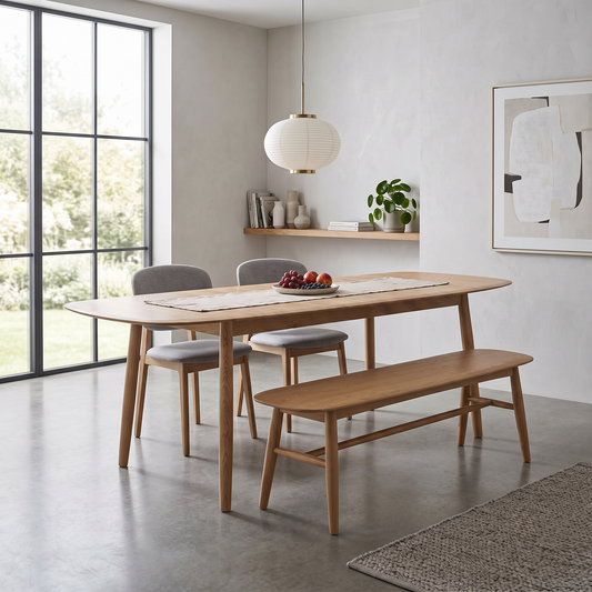 'Stockholm' Light Oak Solid Oak 160cm Extending Dining Table with 150cm Dining Bench + 2 Dining Chairs