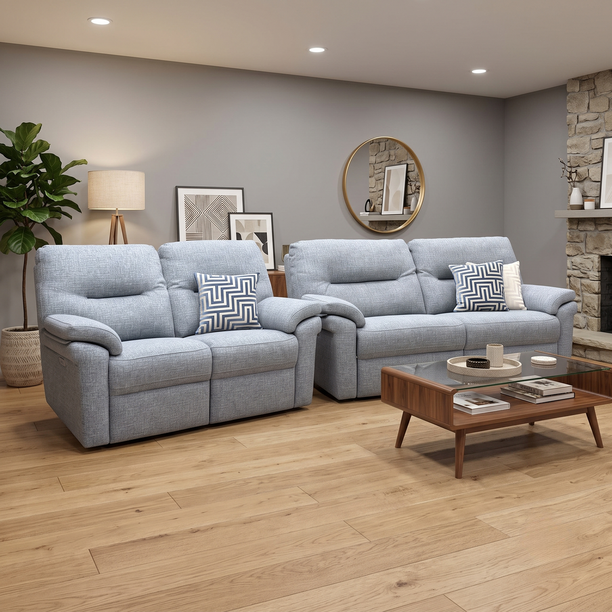 G Plan 'Seattle' B974 Arola Sky Blue Fabric 3 + 2 Seater Power Recliner Sofa Set