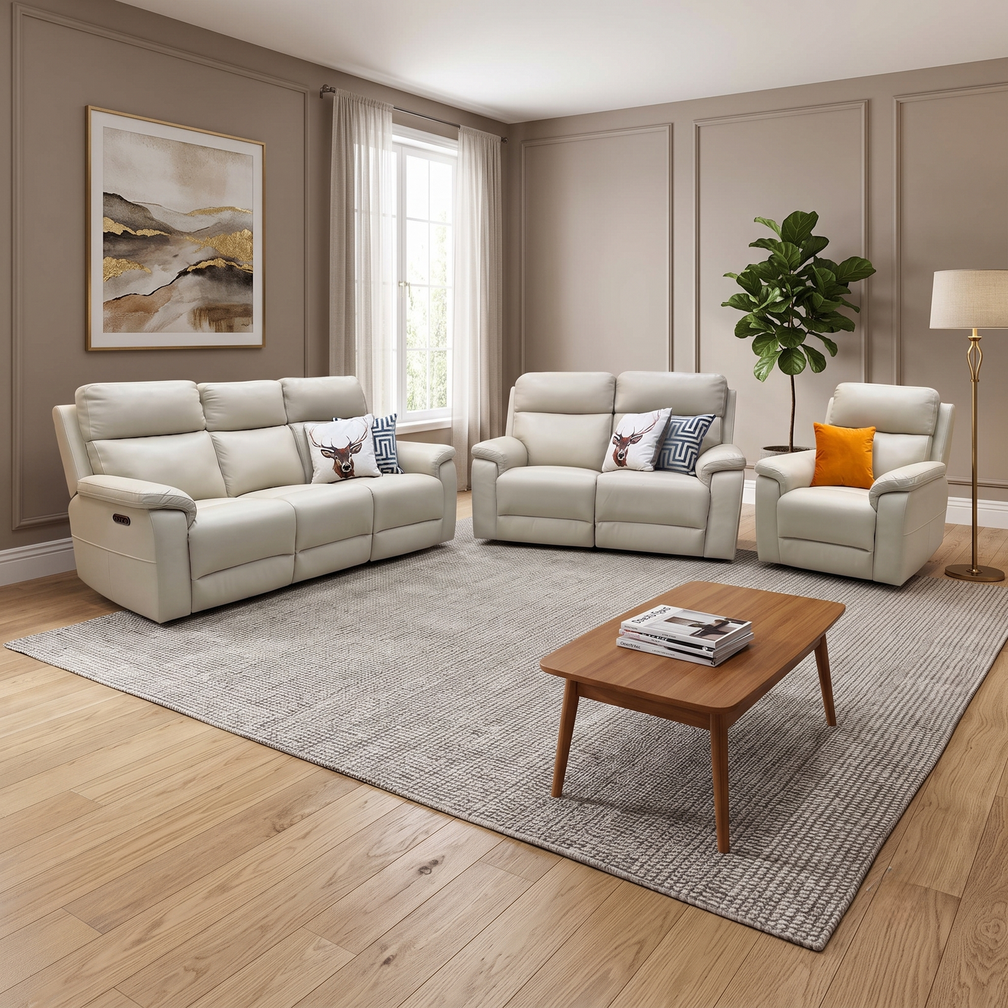 ‘Raven’ Montana Bone China Cat-60 05 Cream Leather Set: 3 + 2 Seater Power Recliner With Power Chair Sofa Set