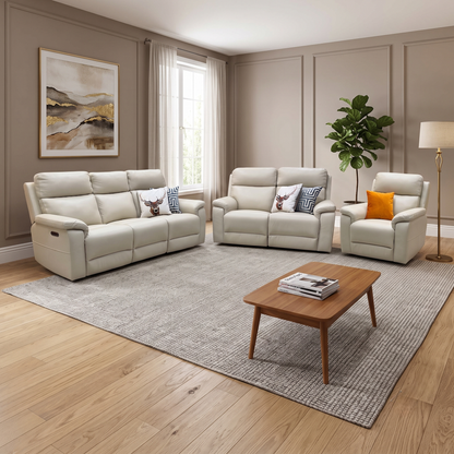 ‘Raven’ Montana Bone China Cat-60 05 Cream Leather Set: 3 + 2 Seater Power Recliner With Power Chair Sofa Set
