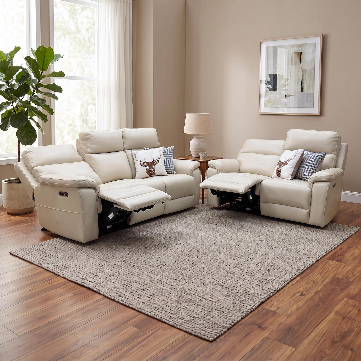 ‘Raven’ Montana Bone China Cat-60_05 Cream Leather 3 + 2 Seater Power Recliner Sofa Set