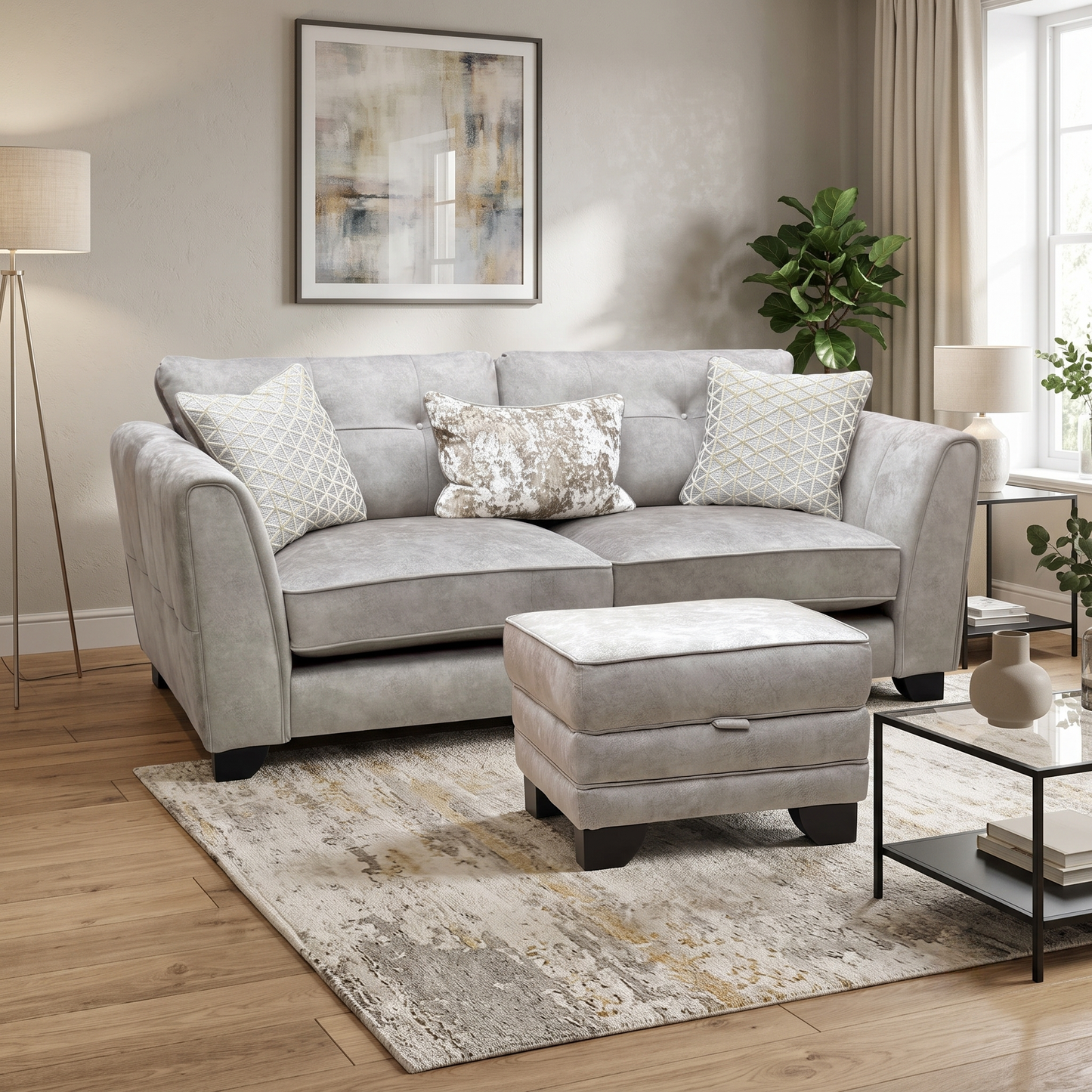 ‘Mariah’ Dapple Silver-No Insert Velvet Fabric Classic Back 3 Seater Sofa + Small Storage Footstool