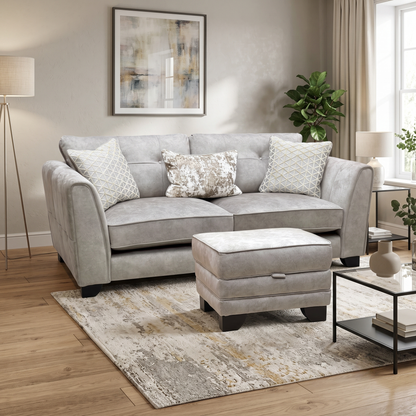 ‘Mariah’ Dapple Silver-No Insert Velvet Fabric Classic Back 3 Seater Sofa + Small Storage Footstool