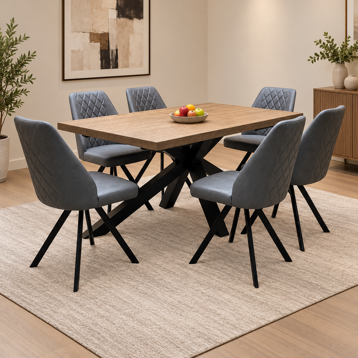 'Jupiter' Dark Oak Solid Oak 180cm Dining Table with Star Base +  Grey Faux Leather Swivel Chairs Set of 6