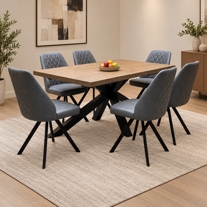 'Jupiter' Dark Oak Solid Oak 180cm Dining Table with Star Base +  Grey Faux Leather Swivel Chairs Set of 6