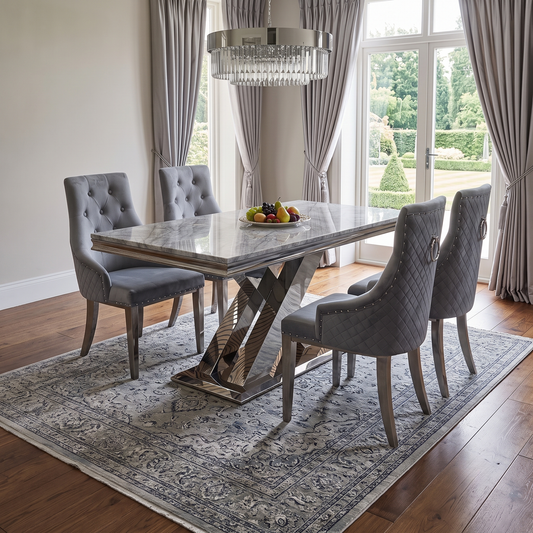 ‘Dolce’ Real Marble Large 180cm Fixed Dining Table with Silver Velvet Fabric Dining Chairs Set of 4