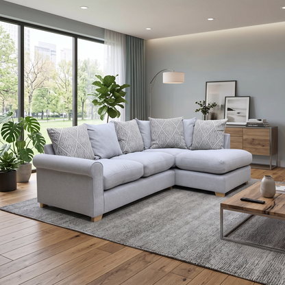 ‘Lilah’ Silver Fabric Pillow Back Left Hand Facing Arm Open End Corner Sofa