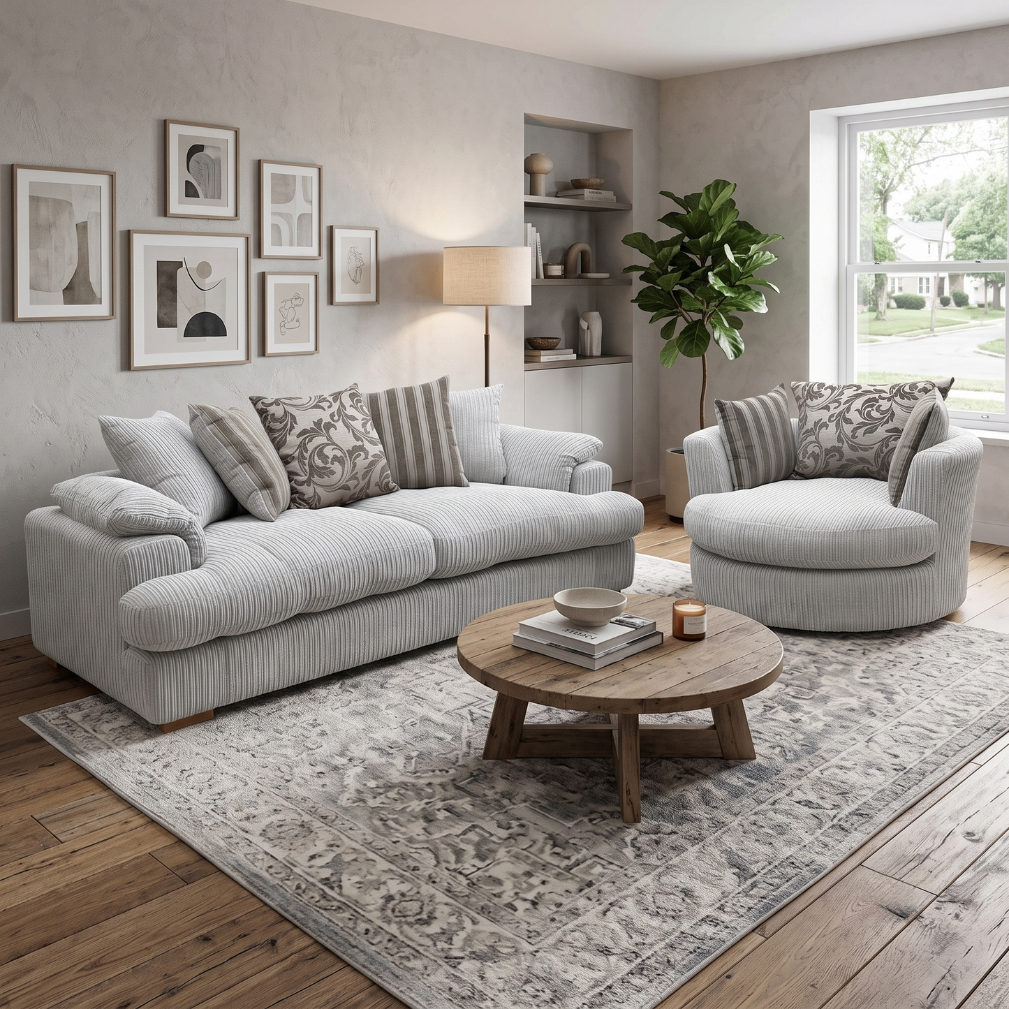 ‘Celine’ Mink and Mocha Jumbo Cord Fabric 4 Seater Pillow Back Sofa with Large Swivel Chair