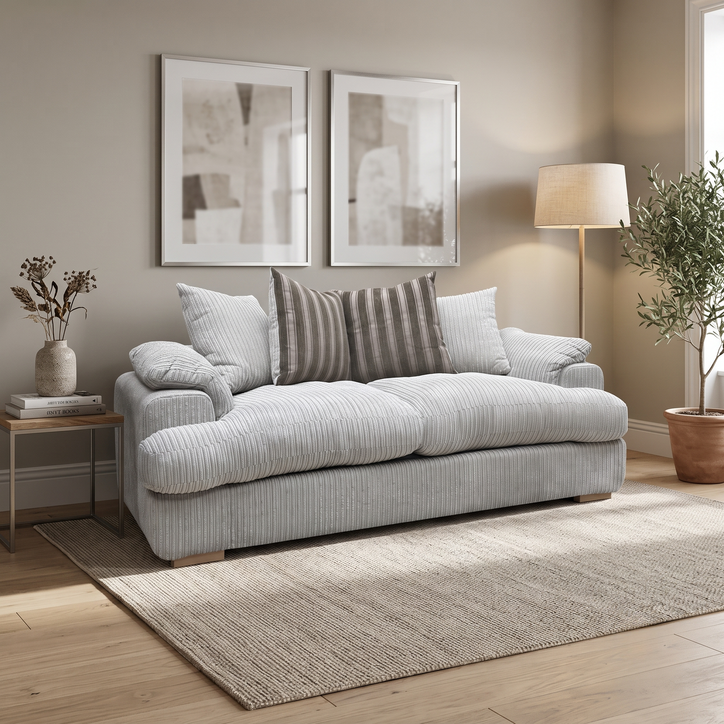 ‘Celine’ Mink and Mocha Jumbo Cord Fabric 3 Seater Pillow Back Deluxe Sofa Bed