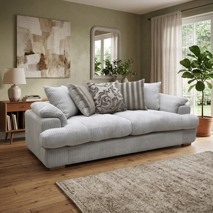 ‘Celine’ Mink and Mocha Jumbo Cord Fabric 4 Seater Pillow Back Sofa