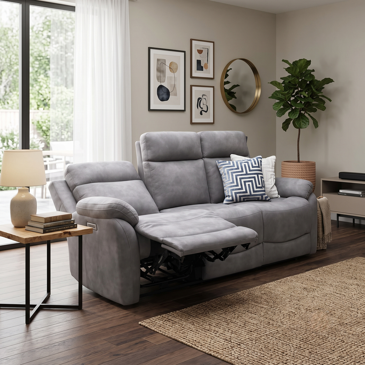 ‘Linea’ Storm Grey Microfiber Fabric 3 Seater Power Recliner Sofa