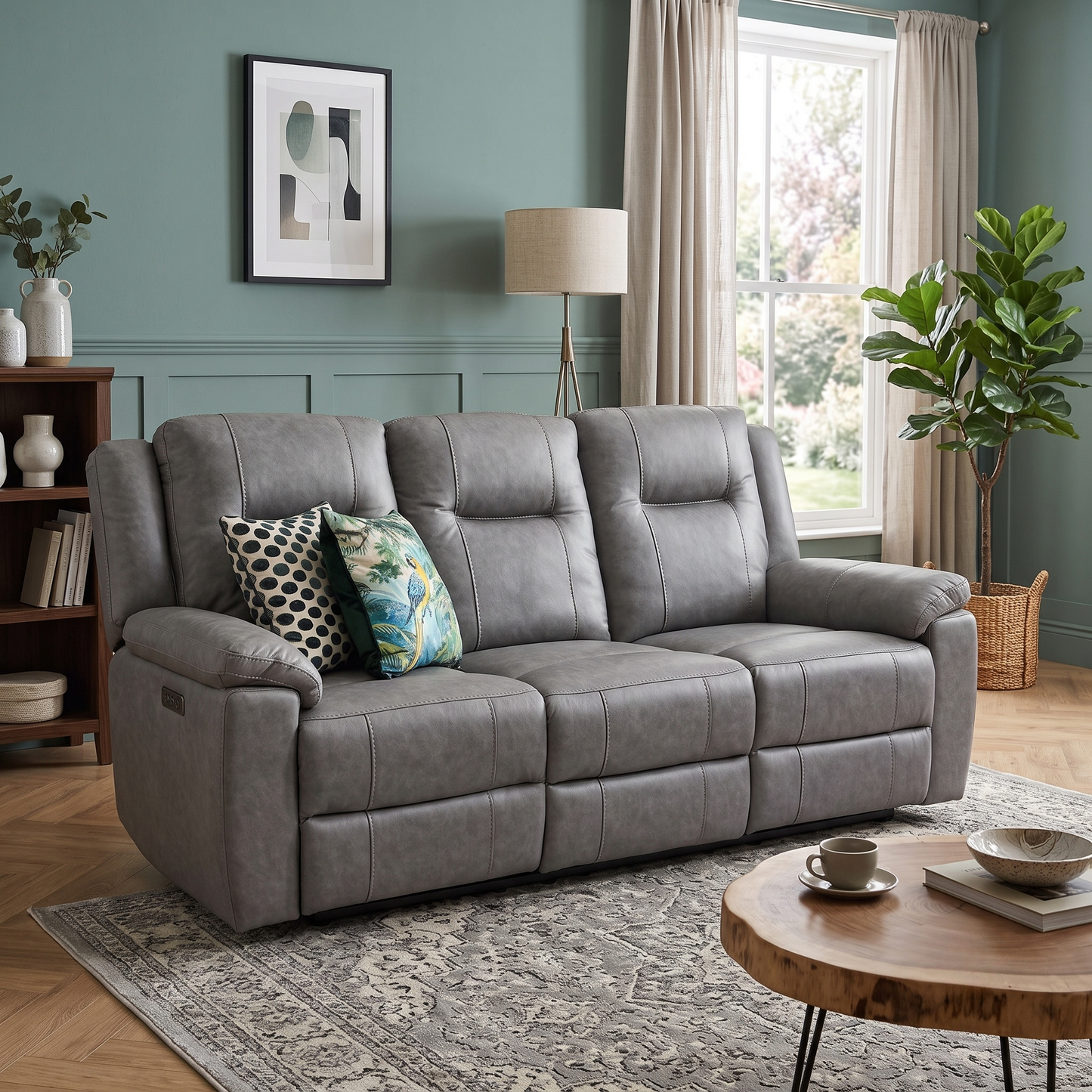 ‘Marlowe’ Grey Microfiber Fabric 3 Seater Power Recliner Sofa