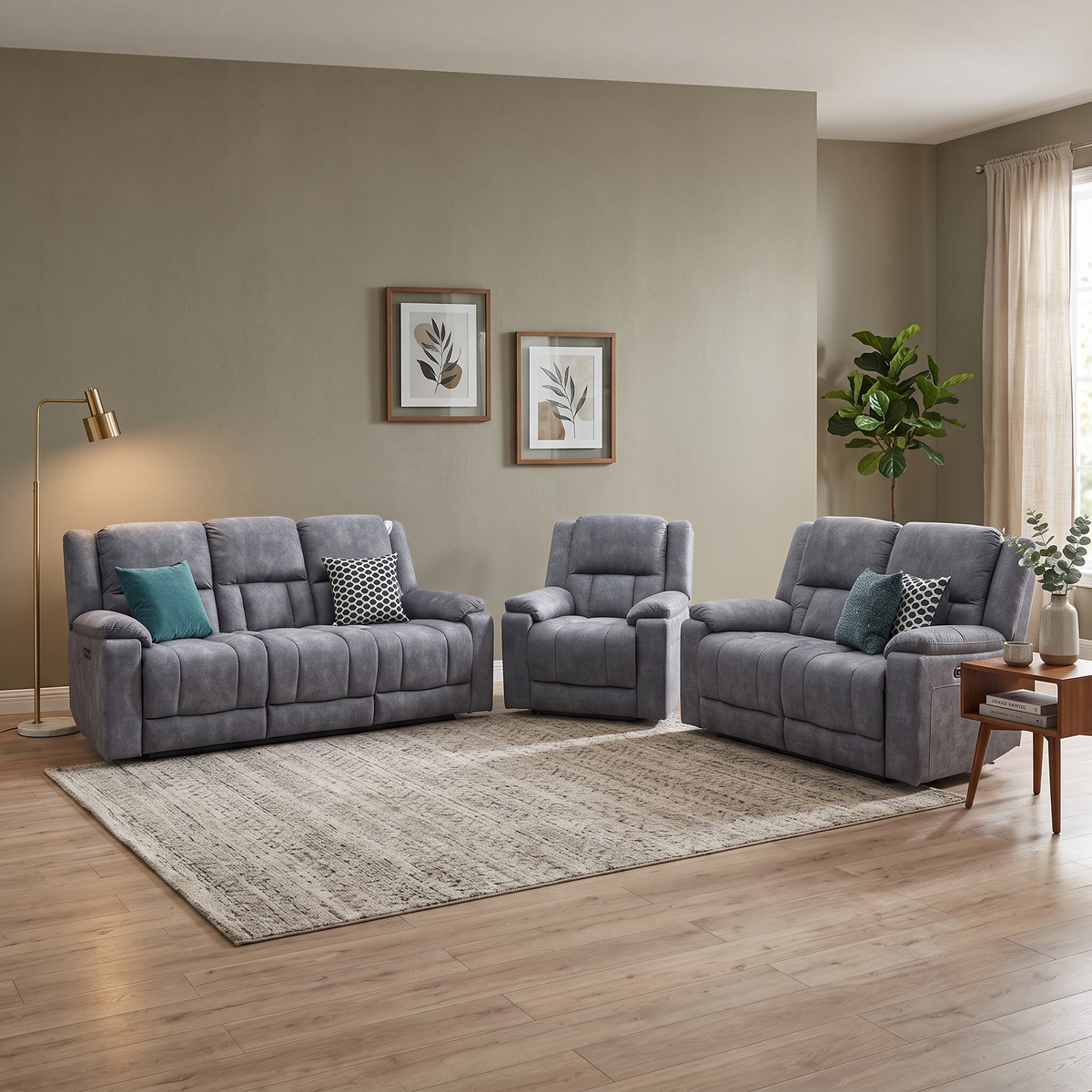 ‘Savoy’ Dark Grey Microfiber Fabric 3 + 2 Seater Power Recliner with Power Armchair Sofa Set