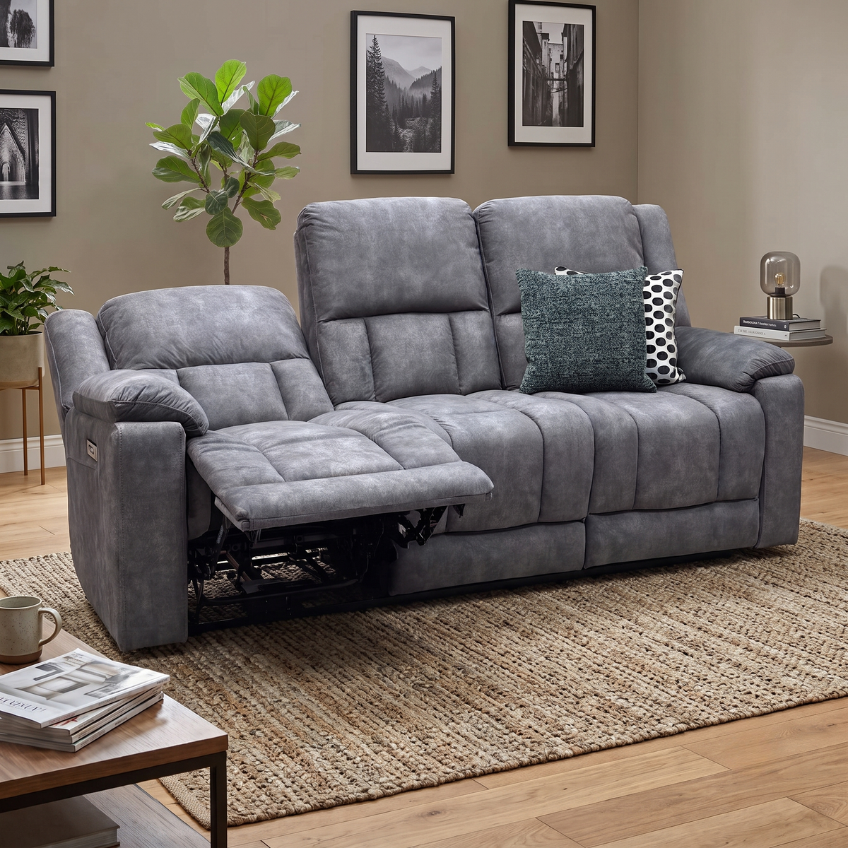 ‘Savoy’ Dark Grey Microfiber Fabric 3 Seater Power Recliner Sofa