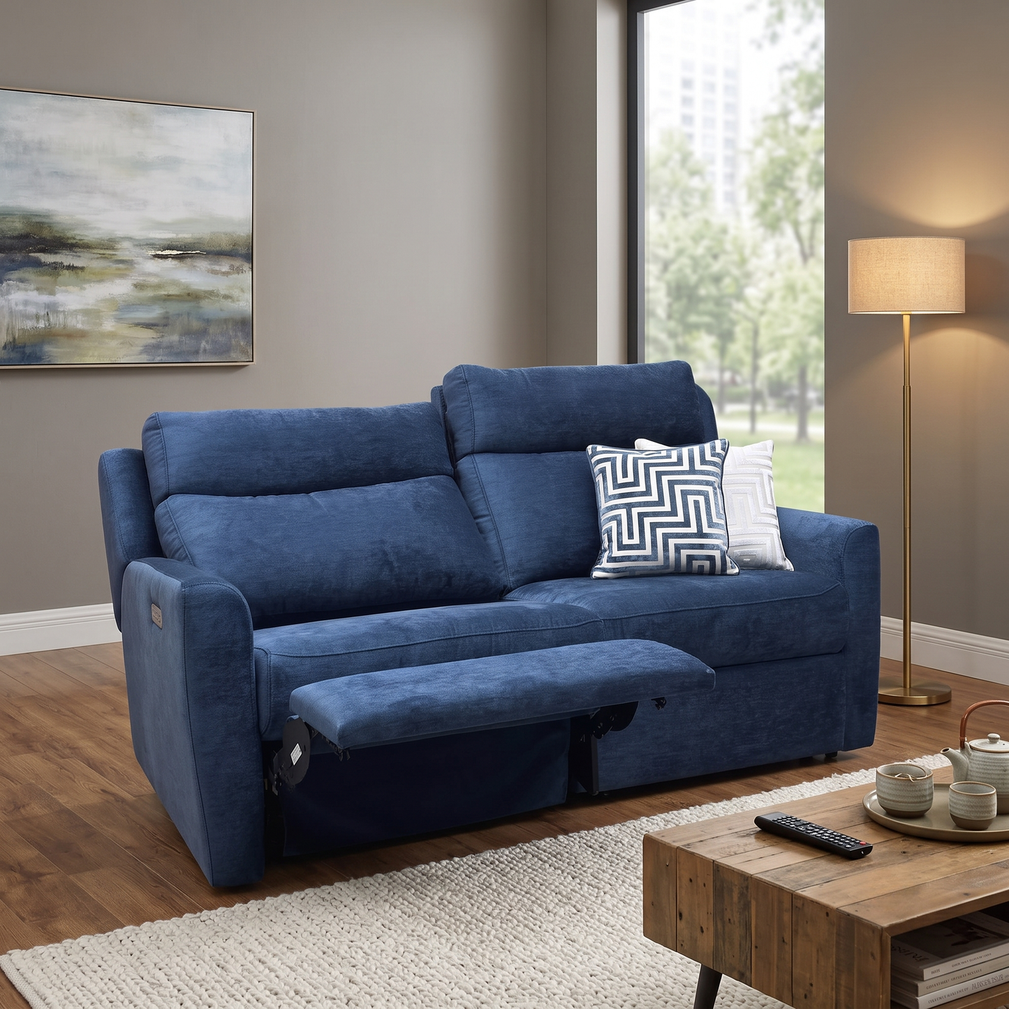 G Plan ‘ Wren’ B282 Liso Atlantic Blue Fabric 2 Cushion 3 Seater Power Recliner Sofa