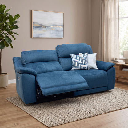 ‘Utah’ Giula Dark Blue Velvet Fabric 3 Seater Power Recliner Sofa with Power Headrests and Power Lumbar
