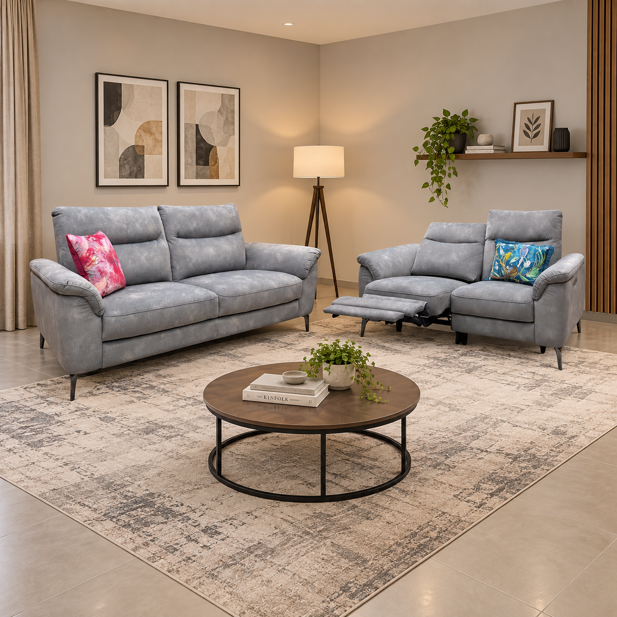 'Morgan' Dexter Mocha Grey Velvet Fabric Set: 3 Seater Standard Sofa + 2 Seater Power Recliner Sofa Set
