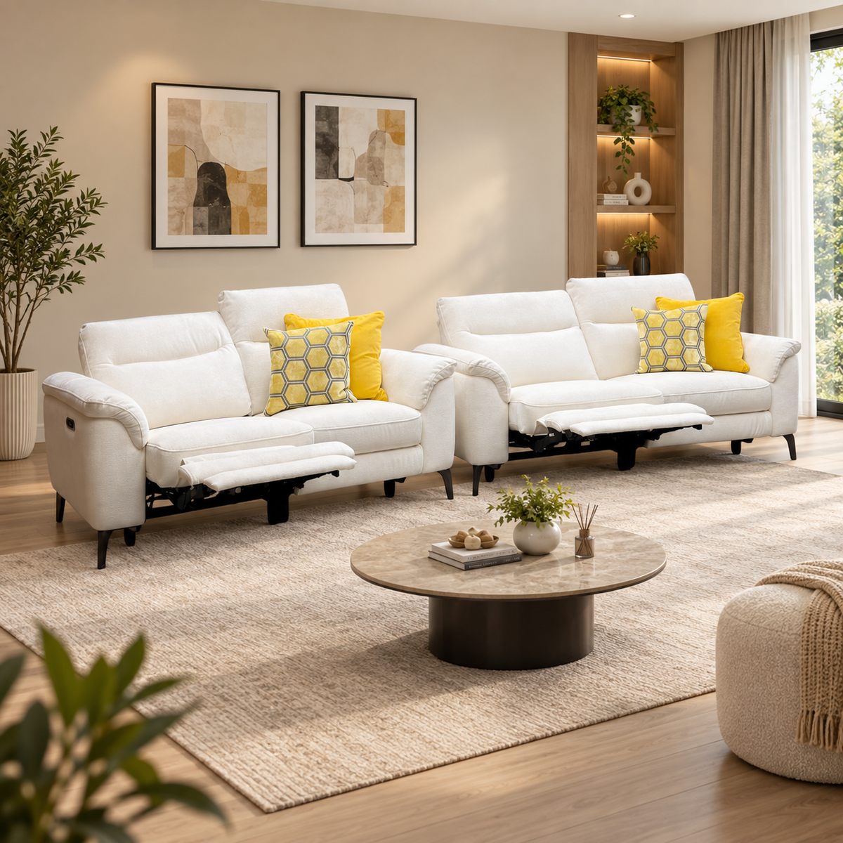 Morgan Hudson Ivory White Fabric 3 + 2 Seater Power Recliner Sofa Set – view 2