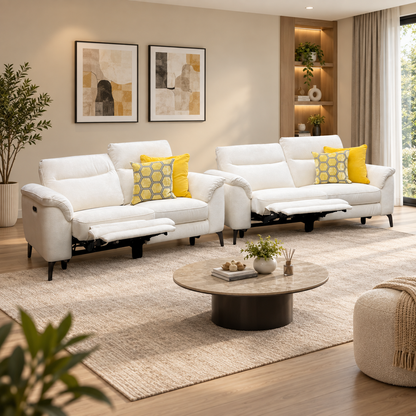 Morgan Hudson Ivory White Fabric 3 + 2 Seater Power Recliner Sofa Set – view 2