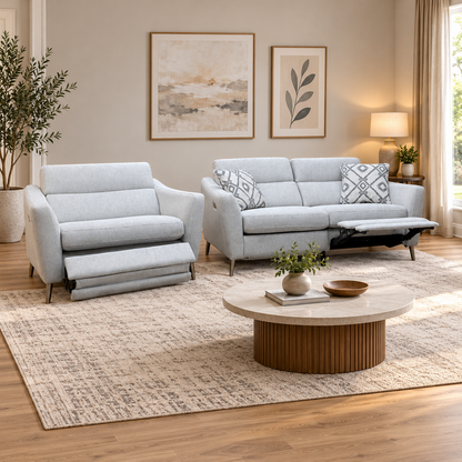‘Moderna’ Blr Pearl Grey Chr Fabric 2 Seater Power Recliner Sofa + Power Snuggler Chair