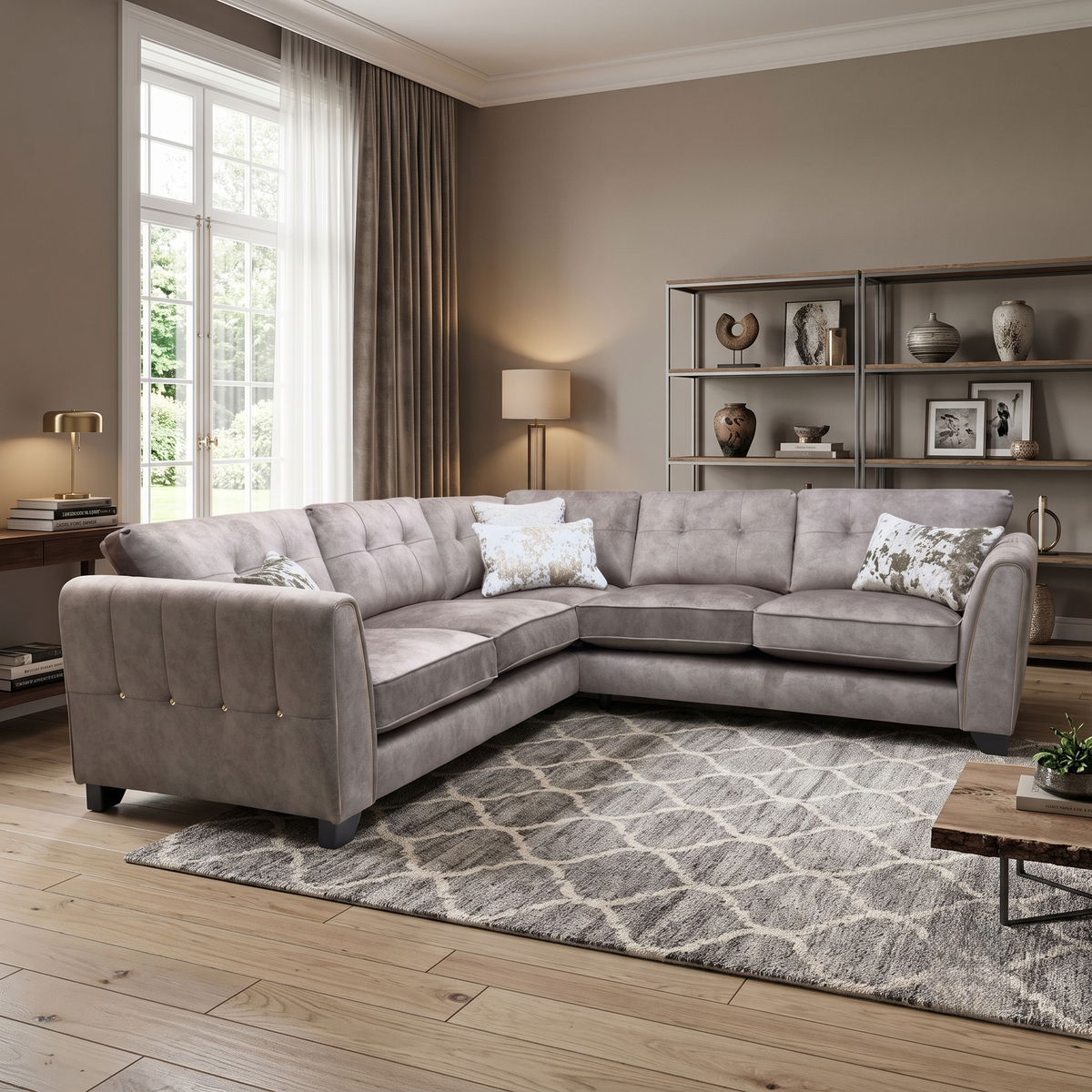 'Mariah' Dapple Chocolate-Tri Brass Velvet Fabric Large Classic Back Corner Sofa