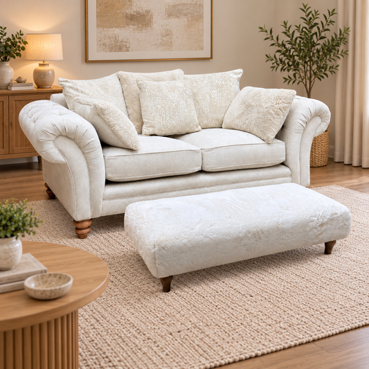Ideal Home 'Cotswold' Darwin Ivory Wo Ft Fabric 2 Seater Scatter Back Sofa with Faux Fur Large Footstool