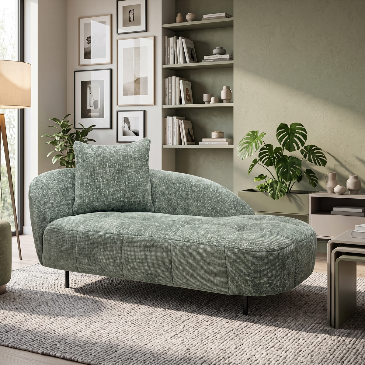 'Bridgerton' Fab-Coe-R801 Olive Green Woven Fabric Chaise Longue
