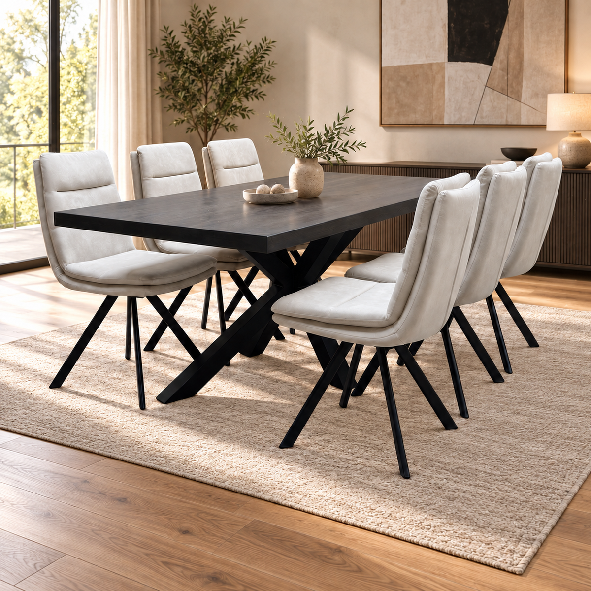 Bodahl 'Njord' 2 Smoked Solid Oak Straight Top 160cm Metal Star Base Dining Table with Sand Beige Fabric Set of 6 Swivel Dining Chairs