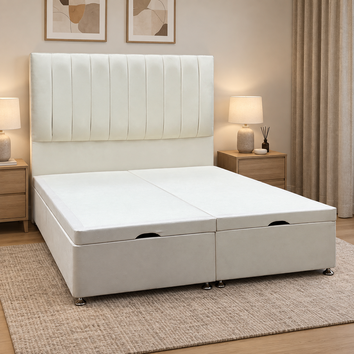 Artisan Collection Elyse Venice Cream Velvet Fabric High Floor Standing Headboard + Double End Lift Ottoman Base - King – view 2