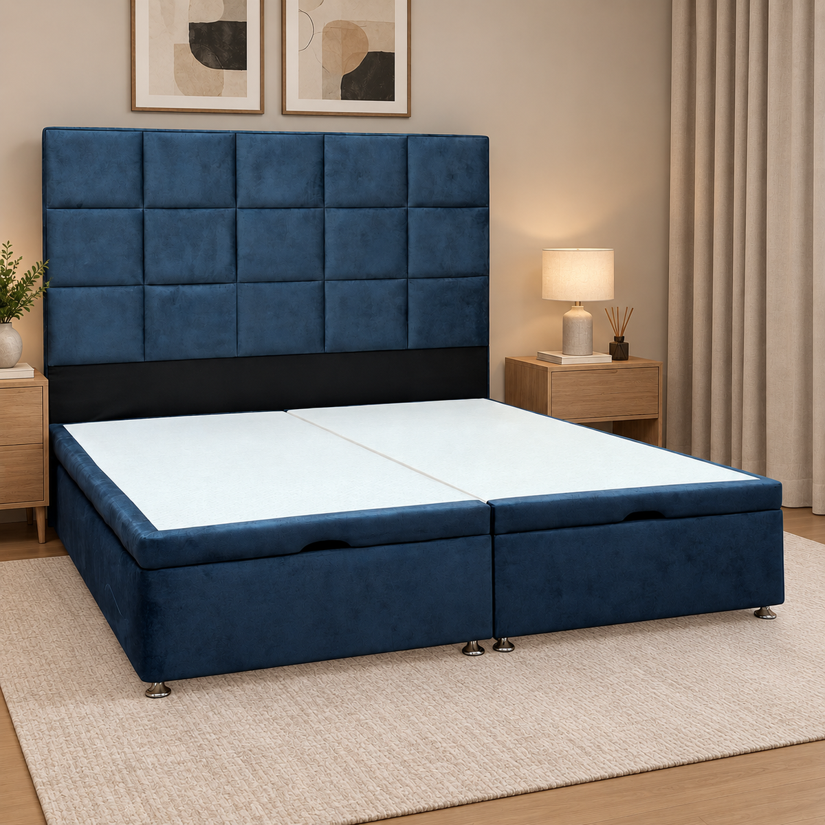 Artisan Collection ‘Elwood’ Daytona Ocean Blue Fabric High Floor Standing Headboard + Double End Lift Ottoman Base - Super King