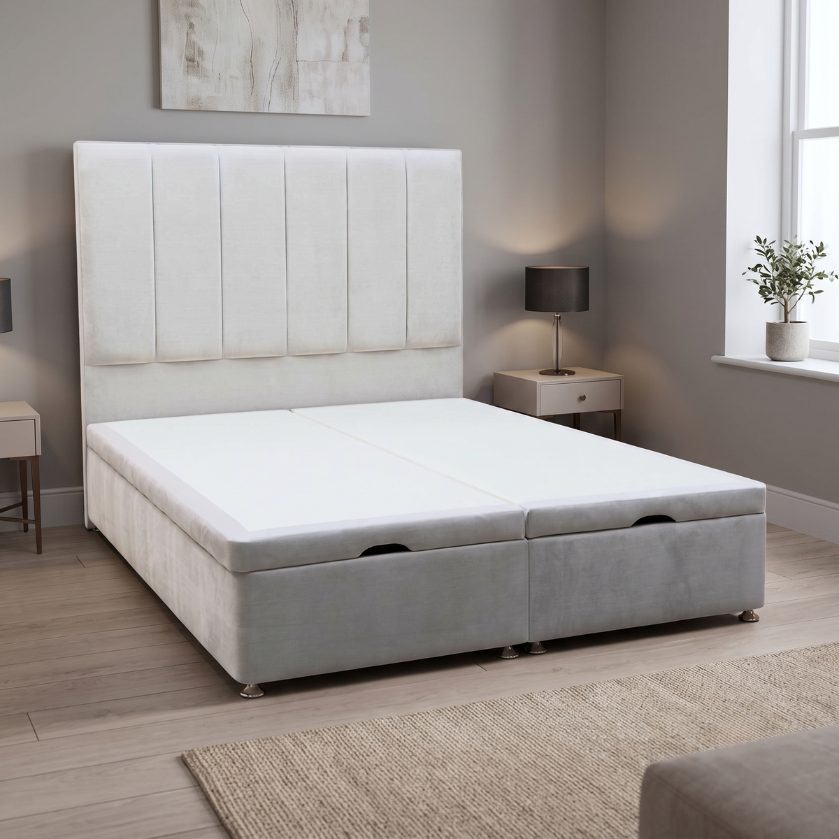 Artisan Collection ‘Heyman’ Aston Linen Grey Fabric High Floor Standing Headboard + Double End Lift Ottoman Base - King