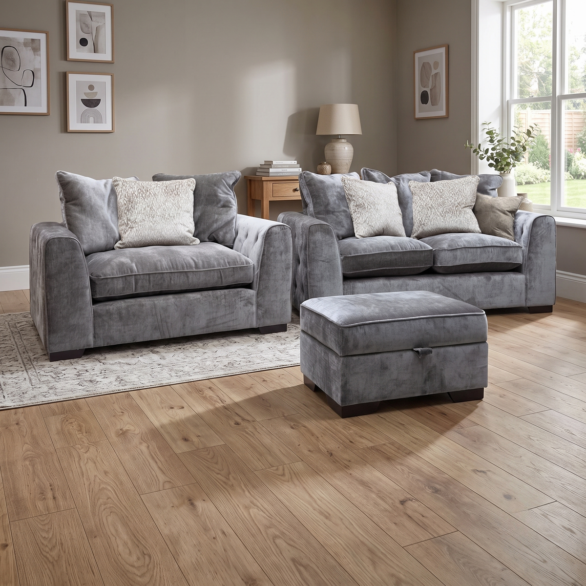 'Valentina' Truffle Brown Fabric 2 Seater Pillow Back Sofa + Snuggler Chair + Storage Footstool