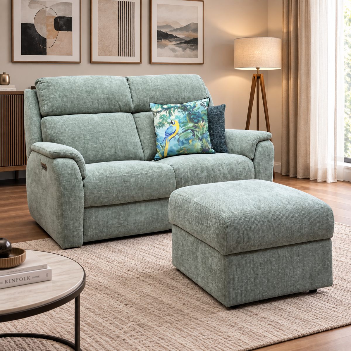 G Plan 'Vito' Baobab Muschio Green Woven Fabric 2 Seater Power Recliner Sofa with Power Headrests and Power Lumbar + Storage Footstool