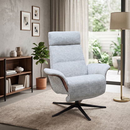 G Plan 'Varde' B030 Remco Light Grey Fabric Dark Wood Trim Power Recliner Swivel Chair with Power Headrest