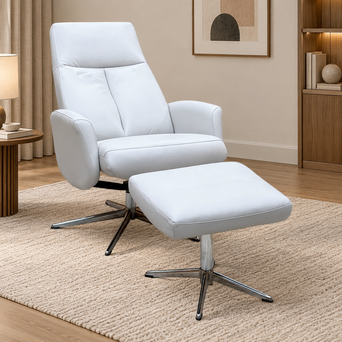 G Plan 'Vaasa' H006 Oxford Light Grey Leather Swivel Recliner Chair and Footstool with Chrome Base