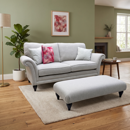 Parker Knoll 'Plaza' Fab Contour Smoke May Grey Fabric Large 2 Seater Classic Back Sofa + Banquette Footstool